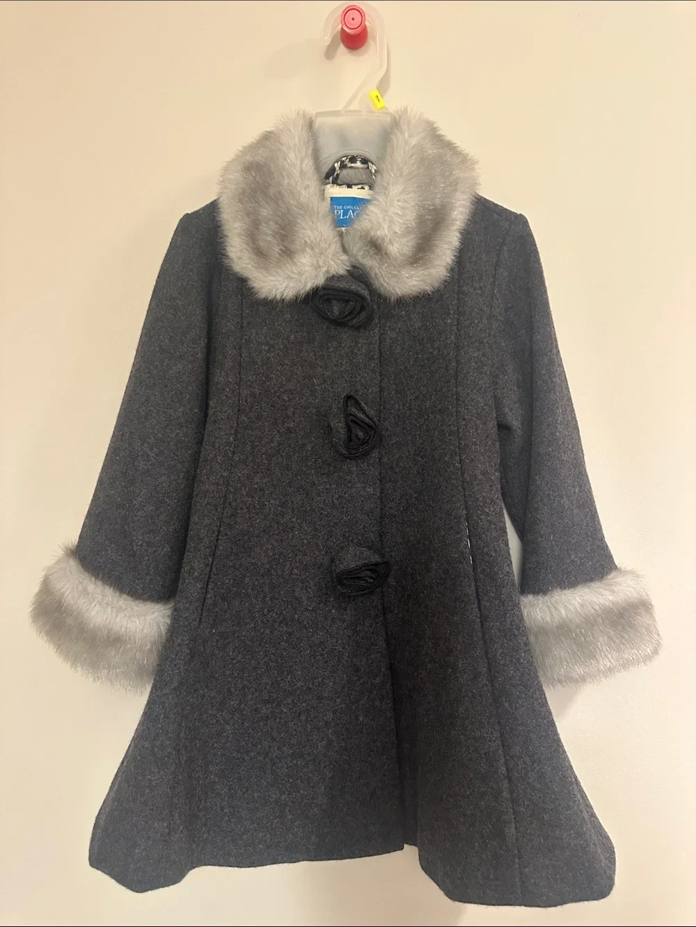 The Children's Place Dark Gray Girls' Wool-Blend Pea Coat with Faux-Fur Trim